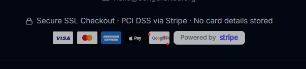 Secure SSL Checkout · PCI DSS via Stripe · Visa, Mastercard, Amex, Apple Pay, Google Pay